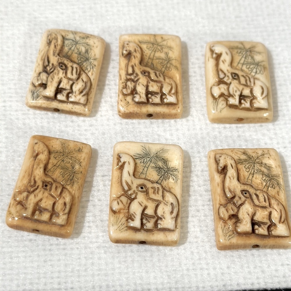 Six hand carved bone elephants square beads hole top and bottom - Picture 2 of 15
